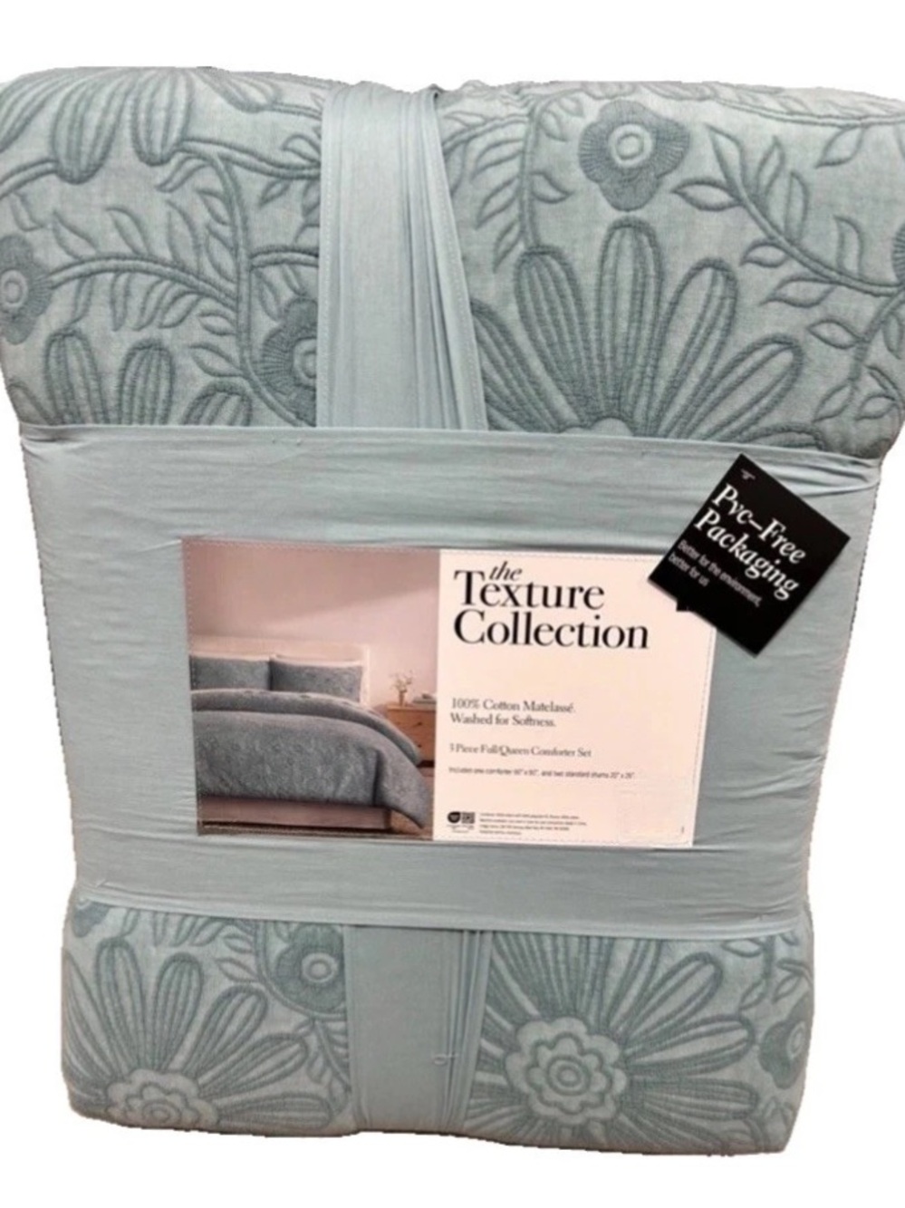 The Texture Collection Queen Cotton Light Teal Green Comforter Set 90”x90”